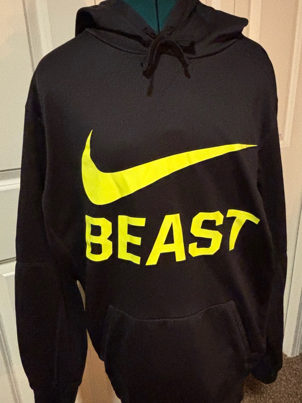 Nike Men’s Black Hoodie with Bright Yellow Swoosh BEAST Graphic
